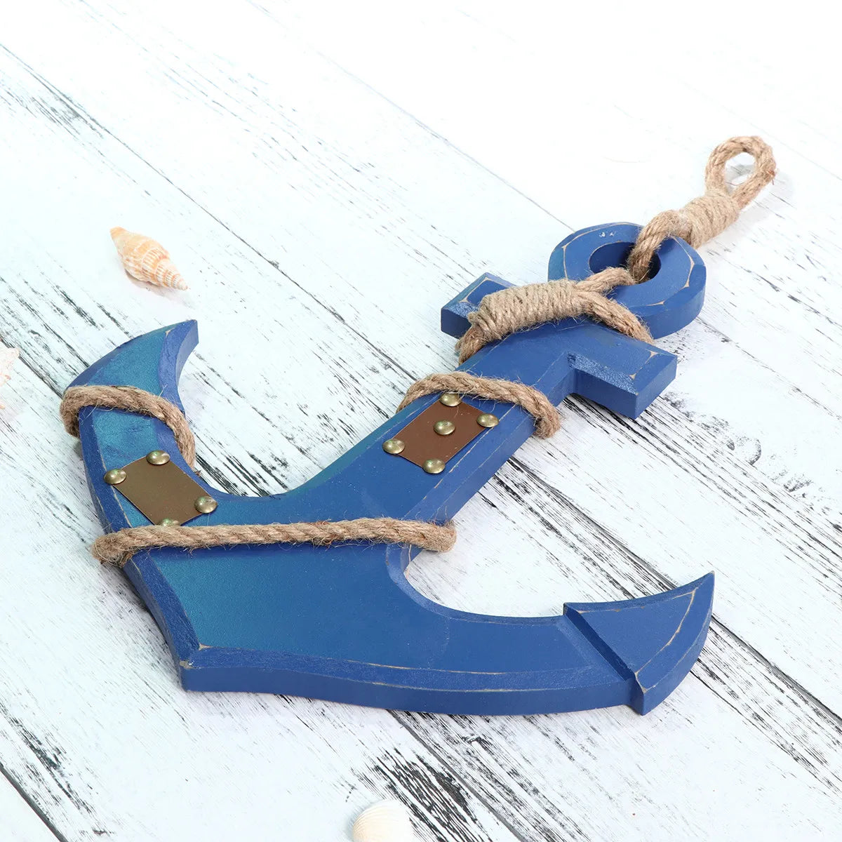 Nautical Anchor Wall Hanging Decor Blue Distressed Finish Wooden Rope Accent Mediterranean Style Ship Anchors Shaped Decor Qme