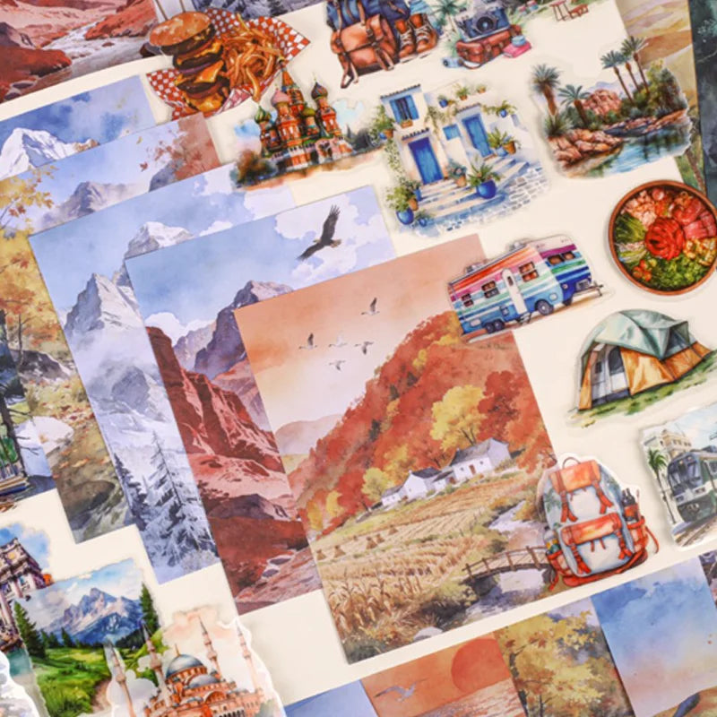 3 Bags Watercolor Landscape Theme Pack, Healing Scenery Journal Scrapbooking Materials, Versatile for Multiple Scenes Qme