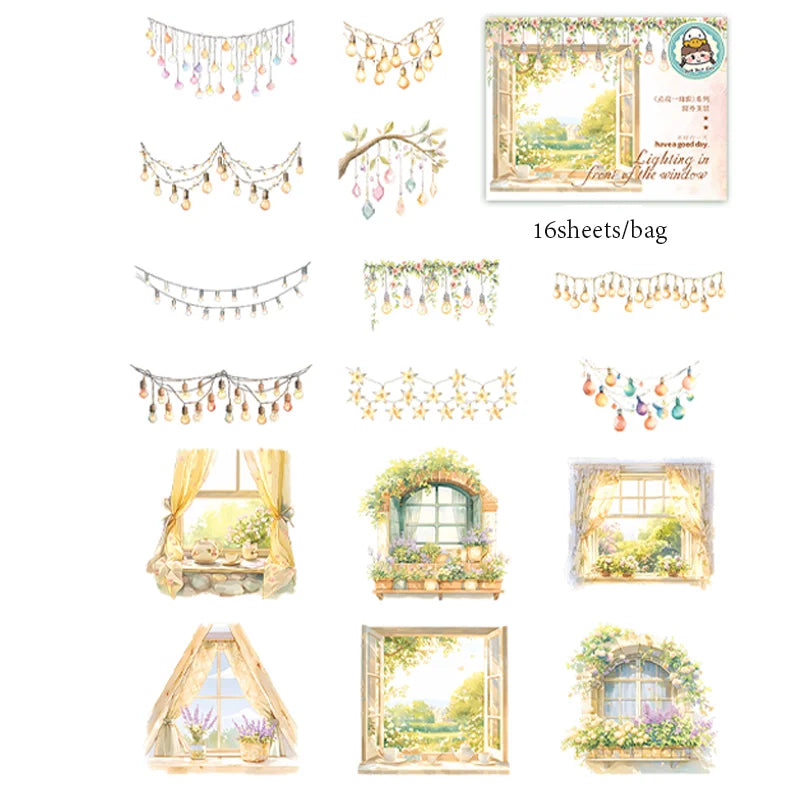 16 Sheets/Bag Window Frame Light Fringe PET Stickers Pack for Scrapbook Journal DIY Planner Phone Case Notebook Decoration Gift Qme 4
