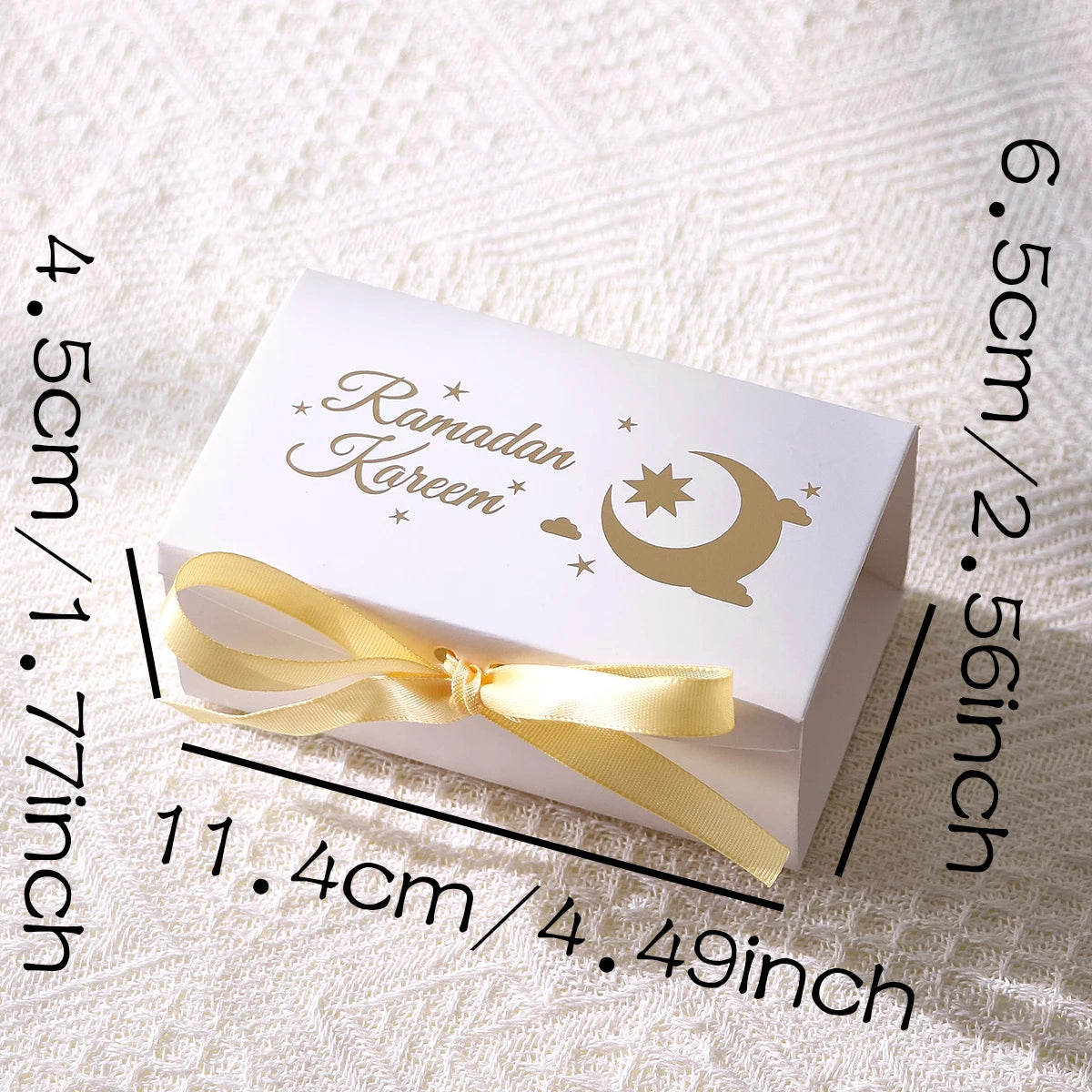 10 Rectangular Multi-Colored Gift Boxes with Gold Crescent and Planet Designs Printed on Them, Specifically Designed for Ramadan, and Adorned with Gold Ribbons — Perfect for Packaging Homemade Sweets, Premium Dates, and Sma Qme