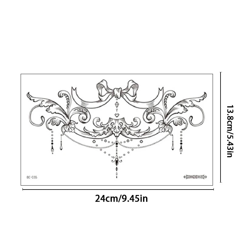 Black element sexy bow chest tattoo sticker, wave pattern, back and abdomen realistic temporary waterproof sticker. Qme BC-035