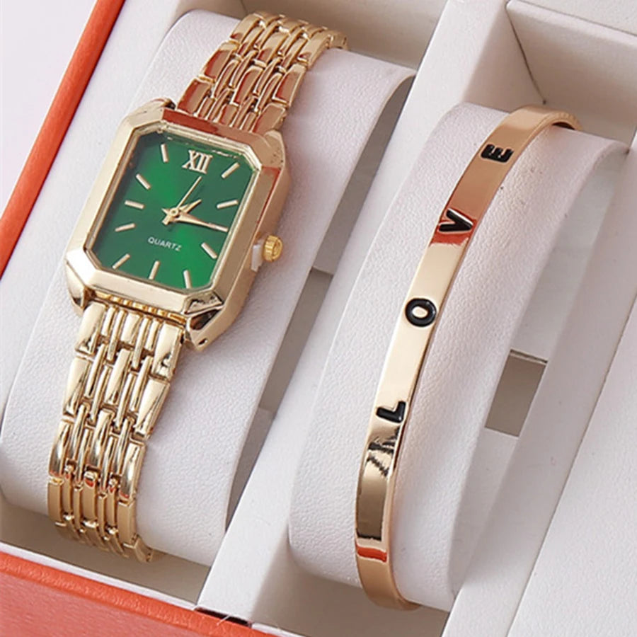 2pcs/set Luxury Women's Quartz Watch with LOVE Bracelet Watch Set Fashion Alloy Band Business Ladies Watches Female Clock Gifts Qme Gold-green Set