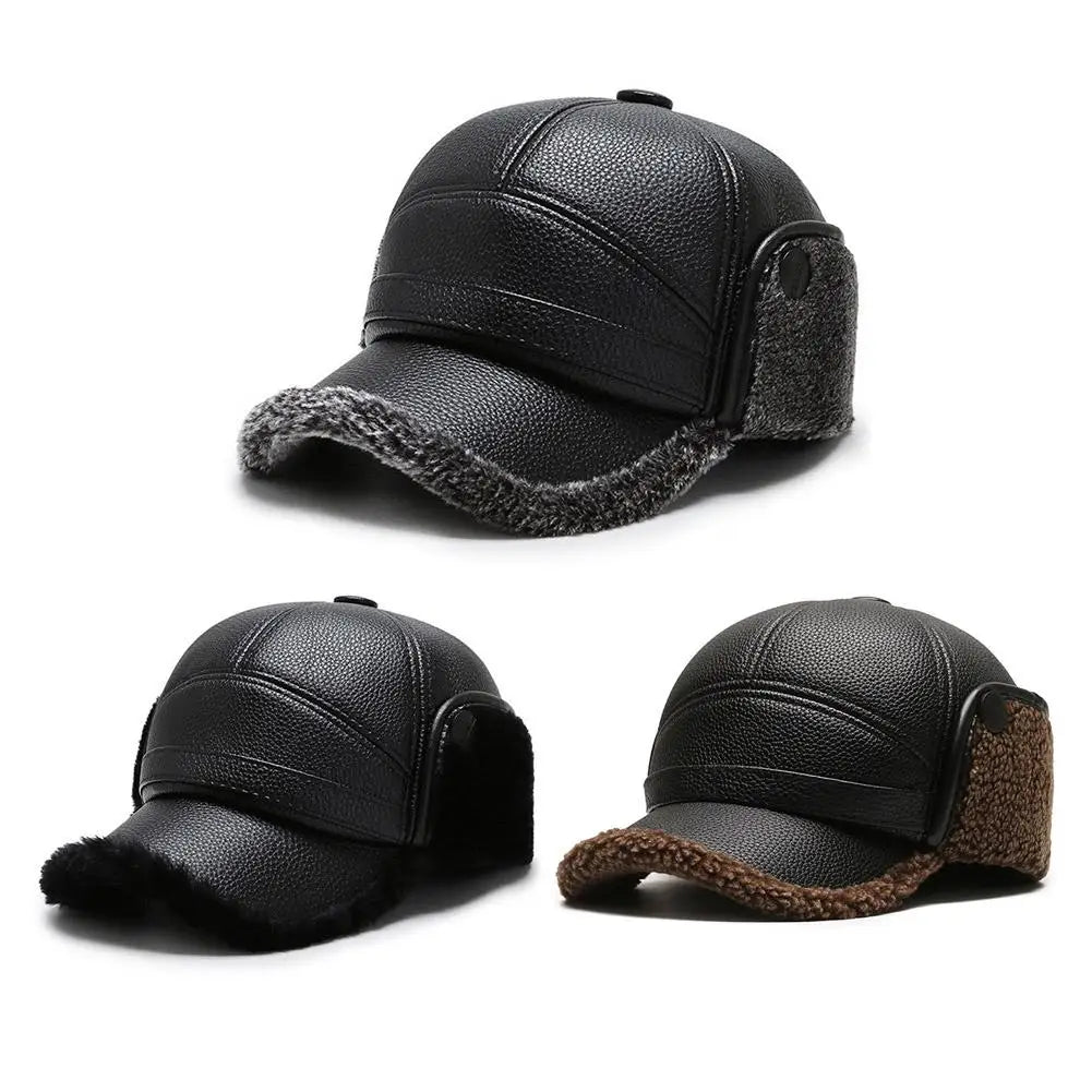 NEW Pu Leather Baseball Cap Men Winter Warm Hat Dad Grandpa Thermal Hat Thick Warm Leather Hat Old Man Ear Protection Cap Qme