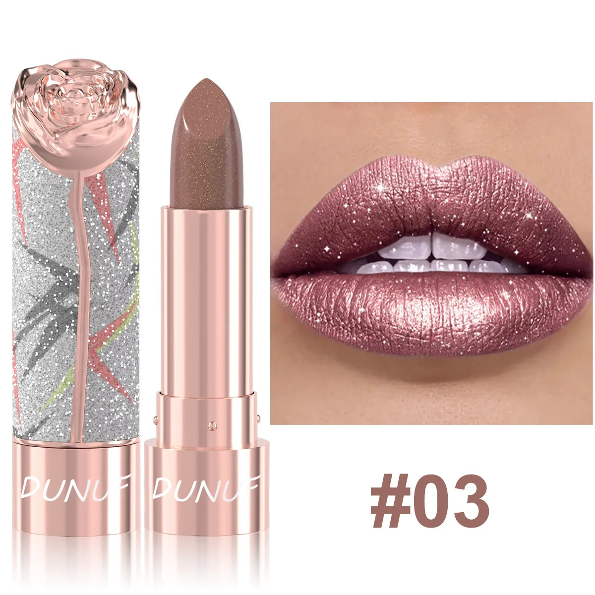 7 Colors Metallic Shimmer Lipstick, Gold Sparkle 3D Glitter Lip Makeup, High Pigment Velvet Matte Long Lasting Pearl Lipstick Qme 03