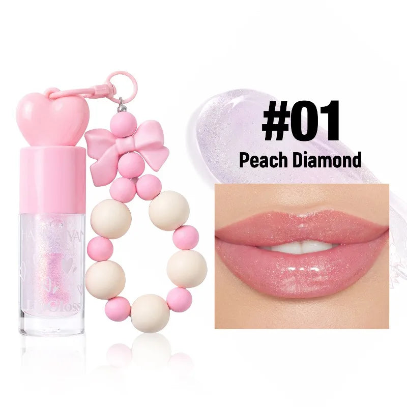 4 Colors Bowknot Bracelet Keychain Lip Oil, High Shine Hydrating Glitter LipGloss, Mirror Water Lip Glaze Non Sticky Lip Makeup Qme 01 Peach Diamond