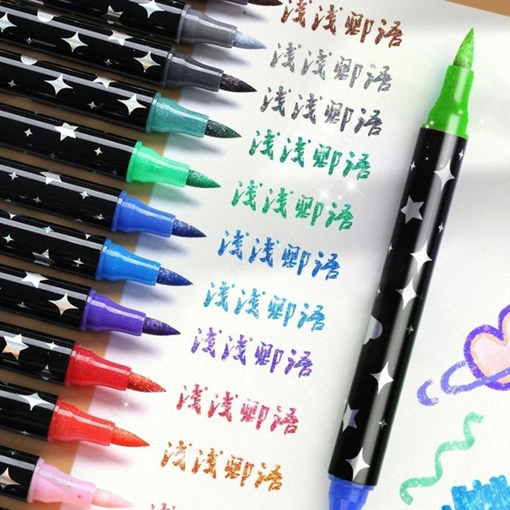 ArtShip Glitter Marker Pens, Double Brush Tips Highlighter Markers, for Painting, Ceramic, And Fabric, Water Based Non-Toxic Qme