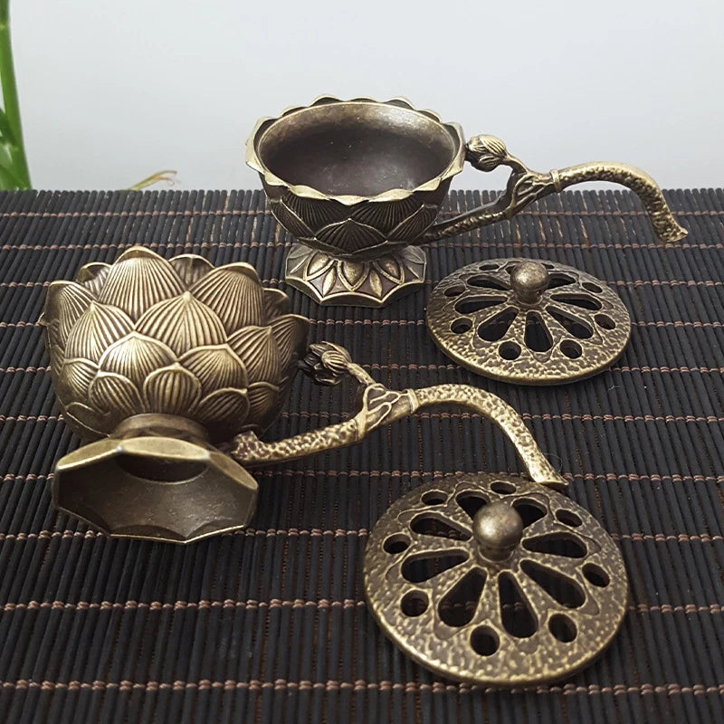 Meditation Home Decor Ancient Alloy Incense Burner Metal Lotus Bowl Qme