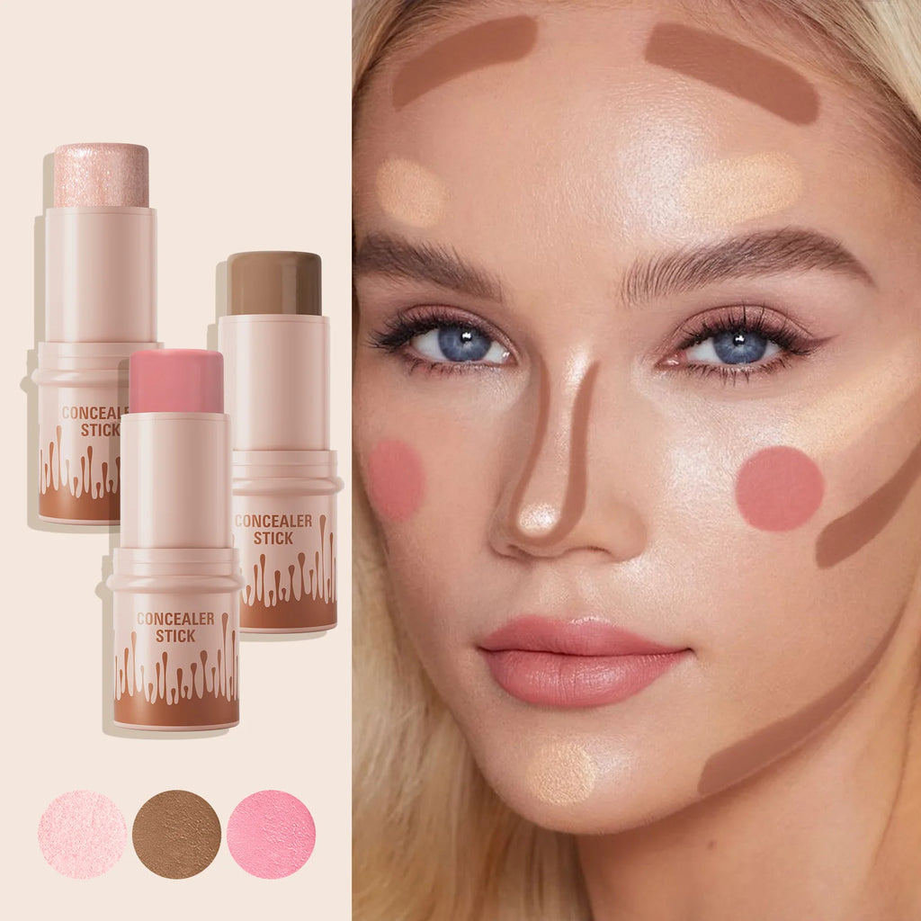 3-Piece Cream Contour Set, Contour Sticks, Highlighter Stick, Blush Stick, Including Brush, Non-Greasy Waterproof Long-Lasting Qme