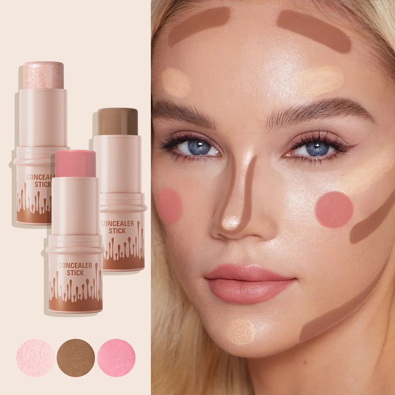 3-Piece Cream Contour Set, Contour Sticks, Highlighter Stick, Blush Stick, Including Brush, Non-Greasy Waterproof Long-Lasting Qme