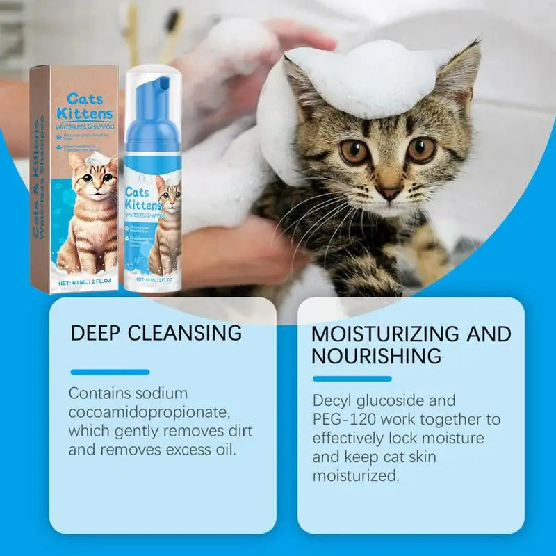 Cat Shampoo Waterless Cat Shampoo Licking Safe Dry Shampoo 60ml Gentle Foam Shampoo for Cats Deep Cleansing Relieves Itchy Skin Qme