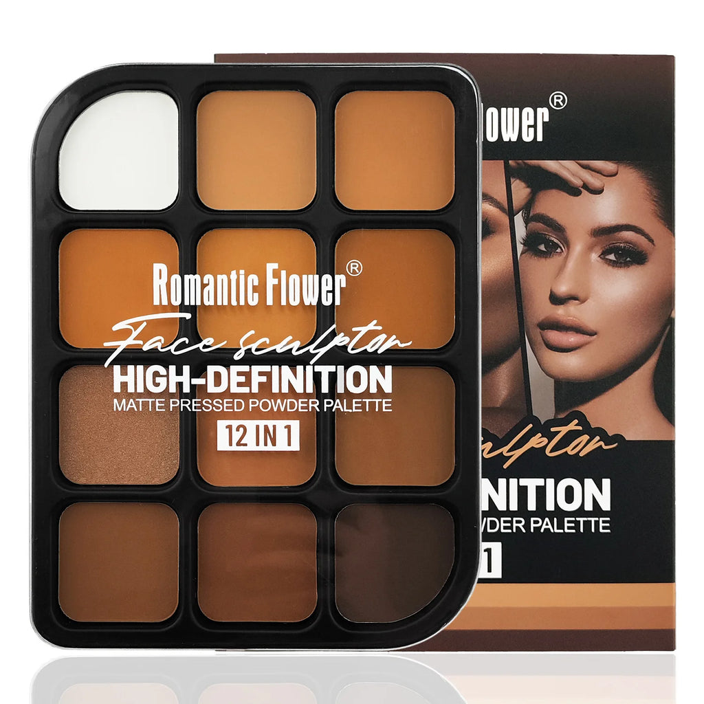 Deep Skin 12-Color Matte Contour Palette - Full Coverage All-In-One Highlighter Shading & Powder Face Makeup Kit Qme 1 PC