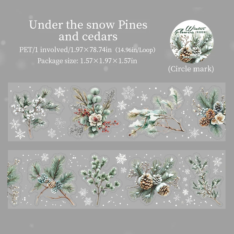 1 Roll Winter Floral Theme PET Material Die-Cut Tape for Journal Diary DIY Scrapbook Collage Decoration Supplies Qme 5