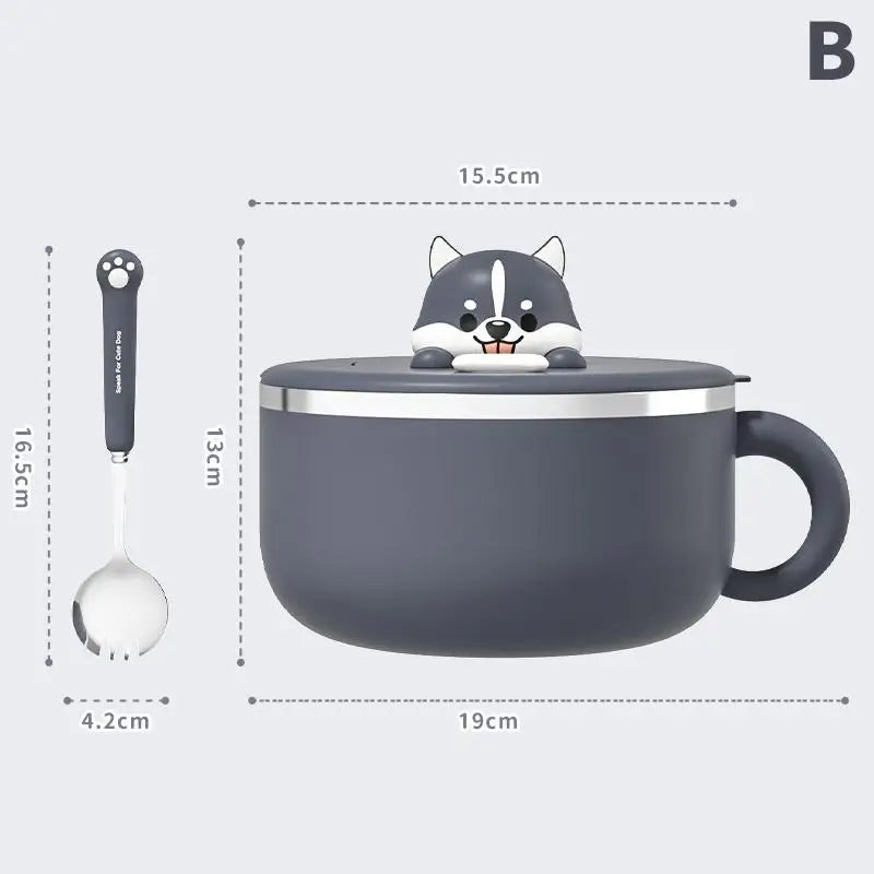 Cute Dog Instant Noodle Bowl Stainless Steel Lid Large Fruit Salad Qme B Gray