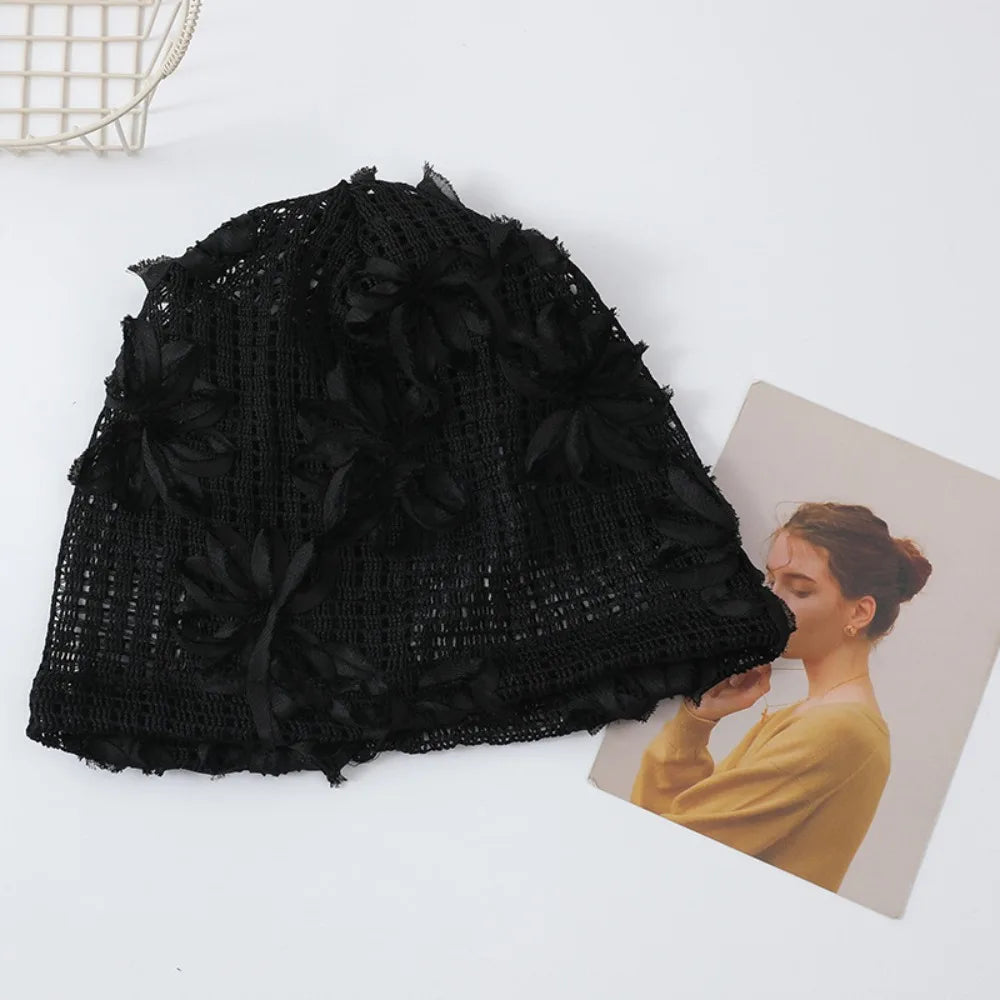 Retro Handmade Crochet Flower Hat Cute Thin Lace Beanies Korean Qme Style1 Black