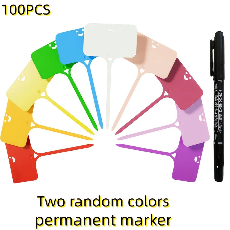 100pcs T-Shaped Colorful Garden Plant Labels, Reusable with Permanent Marker, Durable Plastic Waterproof Seed Name Tags Qme Mix 9.6x4.9cm