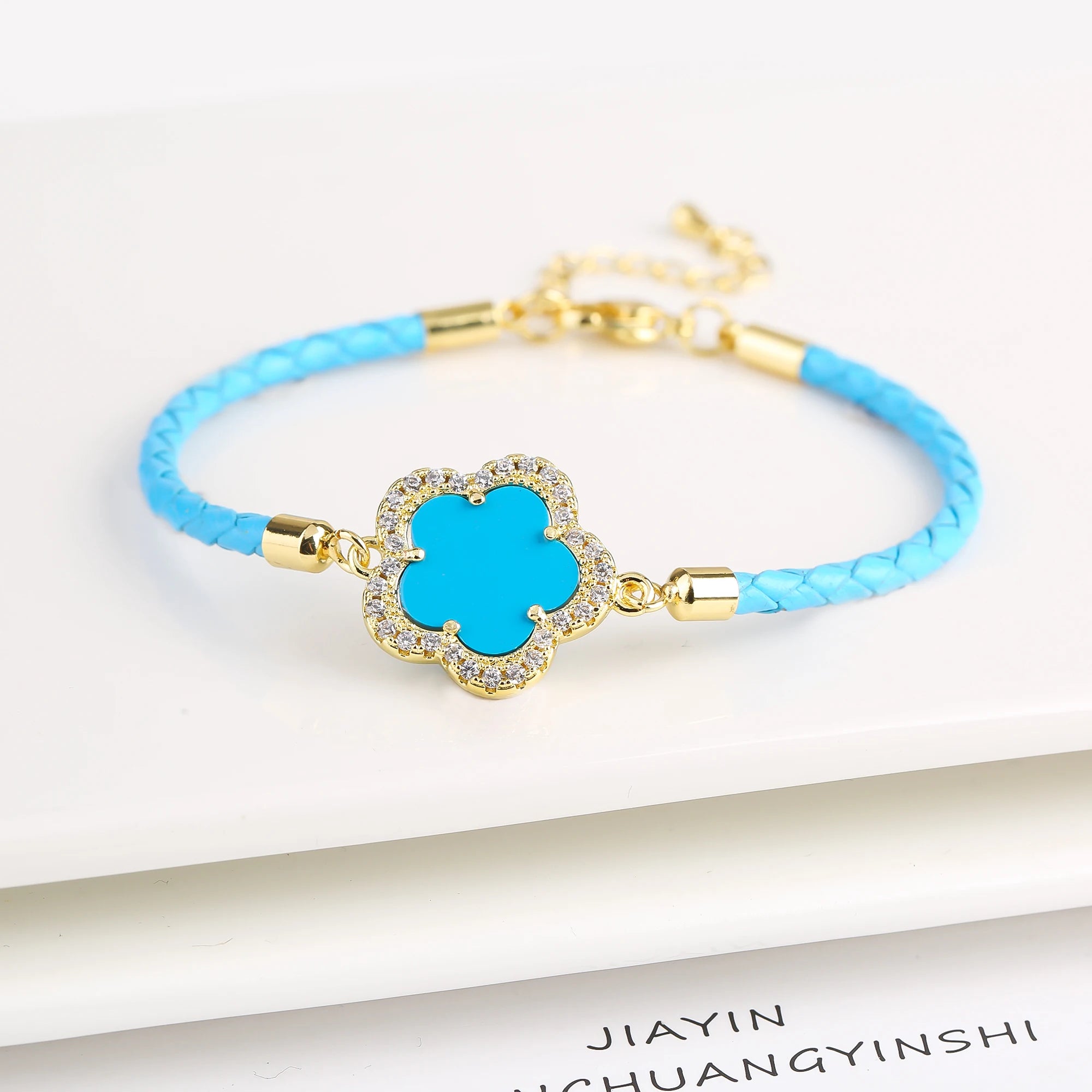 2024 Classic Shiny Zirconia Stone Five Leaf Flower Leather Braided