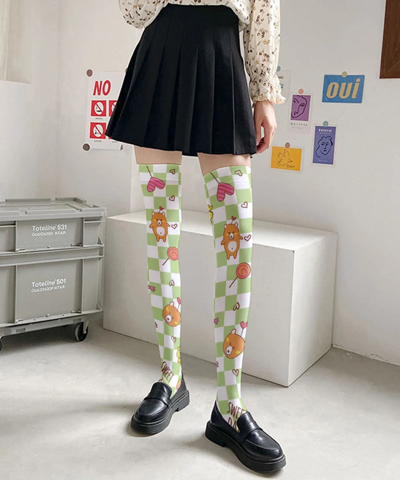Cartoon Bear Rabbit Pattern 3D Printing Ladies Stockings Kawaii Sweet Qme