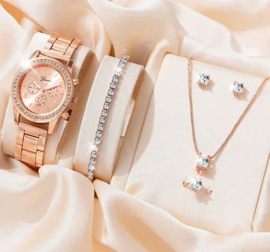 5PCS Quartz Watch Set Women Fashion Silver Round 3 Eyes Alloy Strap Wristwatch Gift Rhinestone Watch For Women Jewelry Set Qme 1