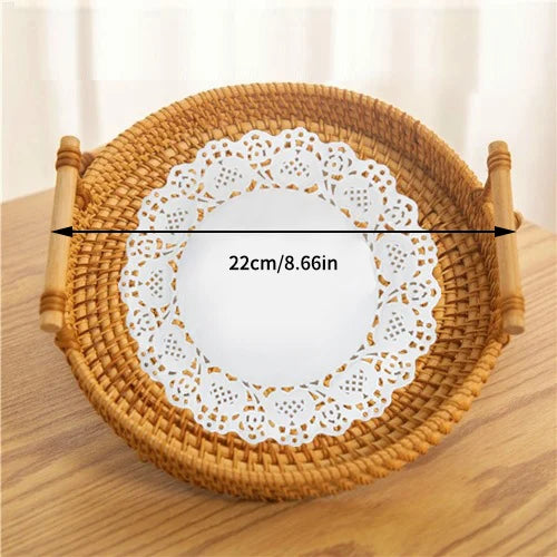 Rattan Strap Handle Storage Basket Bread Snack Fruit Round Round Tray Picnic Woven Storage Basket Qme S