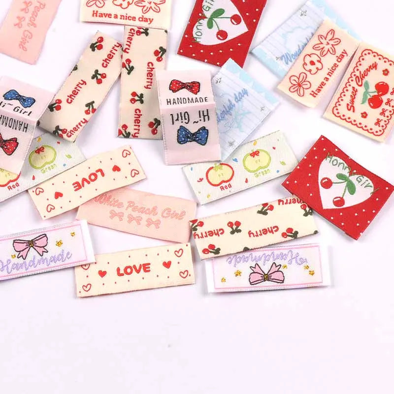 20pcs 18-53mm Assorted Cute Cherry Peach Fabric Labels, Handmade Sew On Tags for DIY Clothes Bags Crafts cp4301 Qme