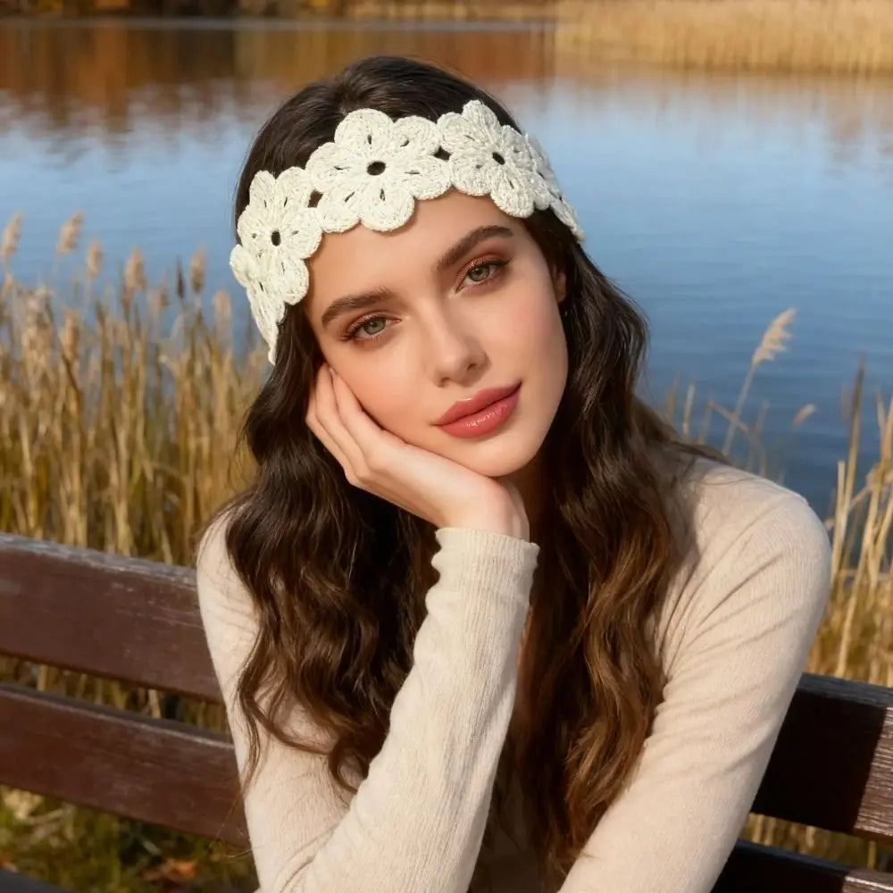 Cute French Knitted Headband Floral Retro Crochet Flower Hair Band Qme