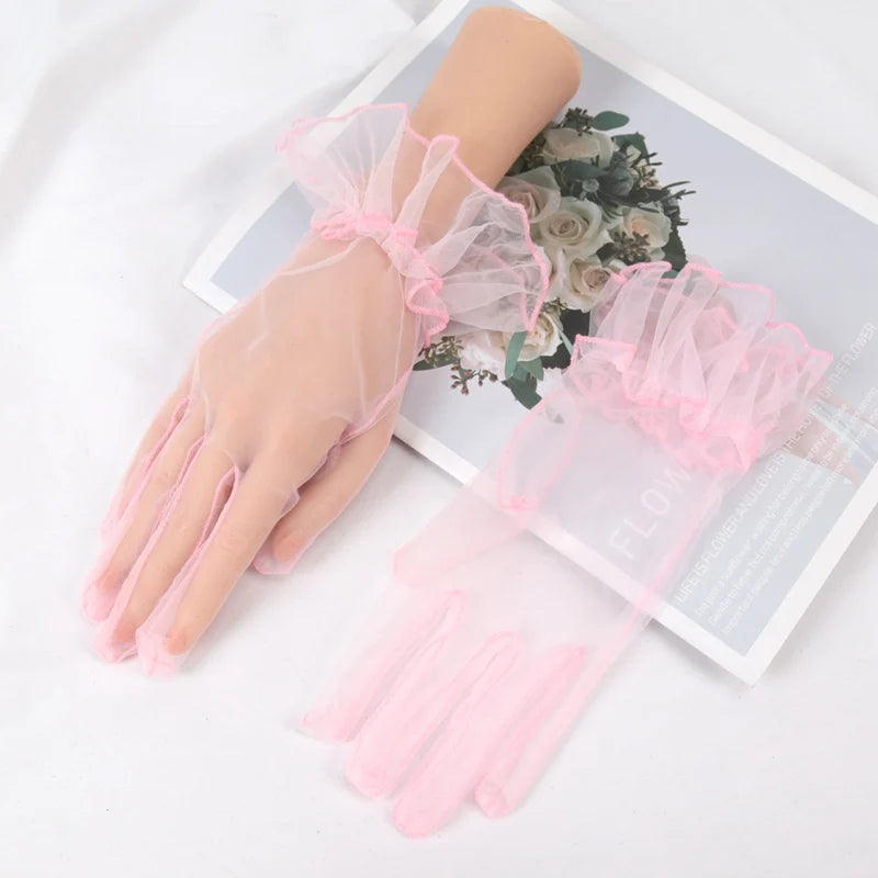 Sexy Transparent Lace Black White Gloves Solid Fashion Women Drive Qme pink