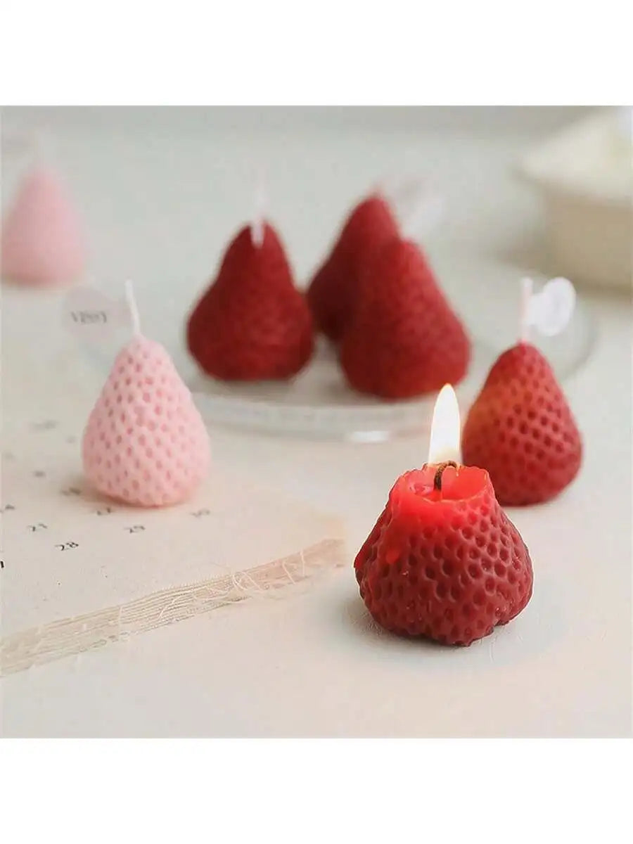 4 Strawberry Shaped Scented Candles Unique Soy Wax Sweet Taste Used Qme