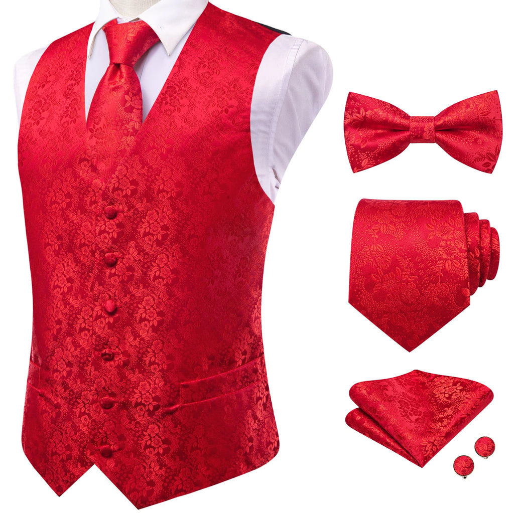 Men Red Pink Floral Paisley V Collar Waistcoat Full Business Party Qme HT-MJTZ0123 S