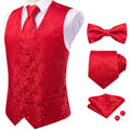 Men Red Pink Floral Paisley V Collar Waistcoat Full Business Party Qme HT-MJTZ0123 S