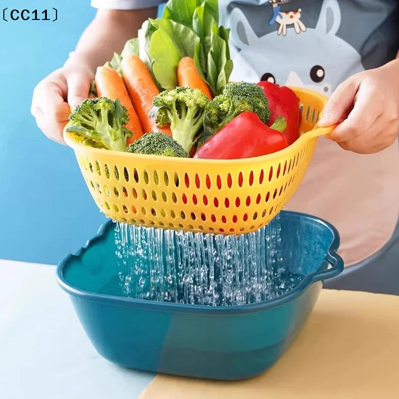 Fruit Vegetable Drain Basket Plastic Green Yellow Household Qme