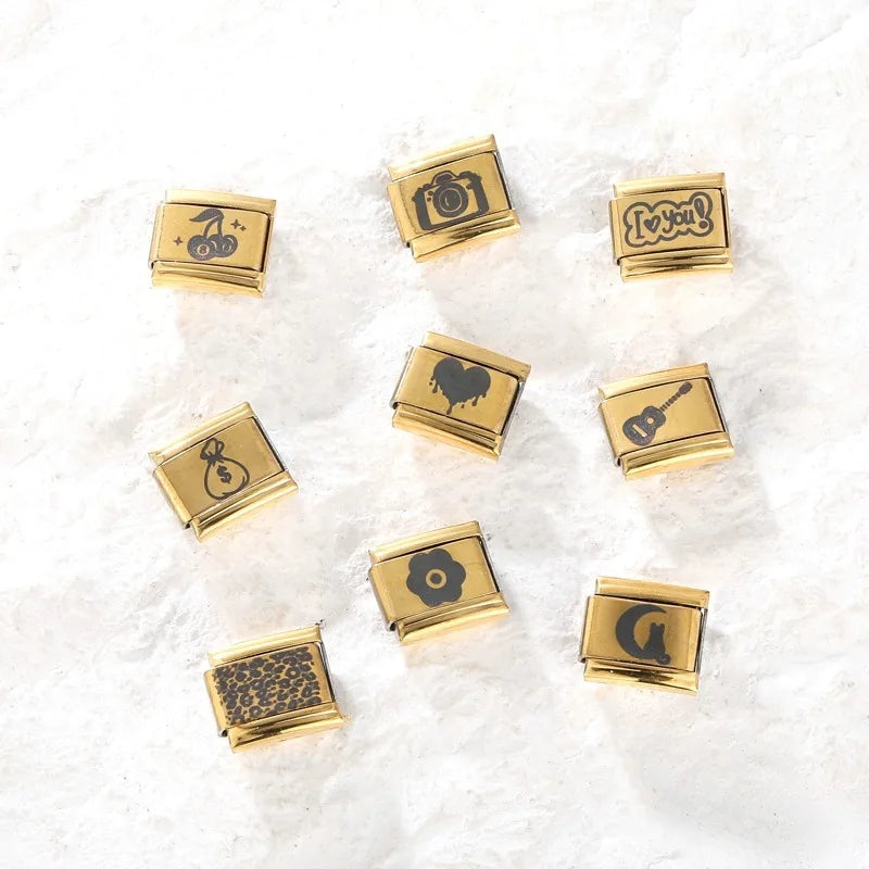 2025 New Gold Color Flower Heart Cute Cat Paws Sun Italian Charm Links Stainless Steel Fit 9mm Bracelet Jewelry DIY Making Gifts Qme