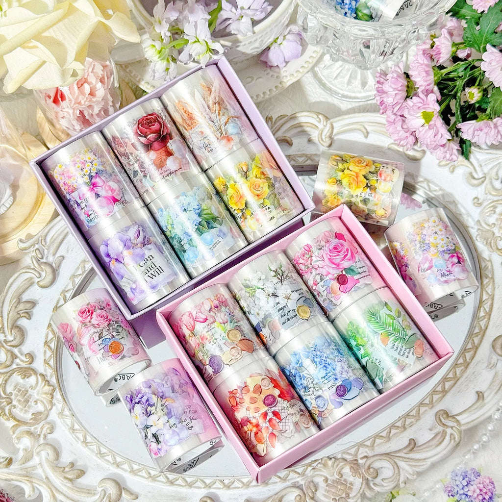6 Rolls Laser Bright Flowers pattern PET Die cutting Tape Set Decorative Journal Scrapbooking Stickers Masking Tape Stationery Qme