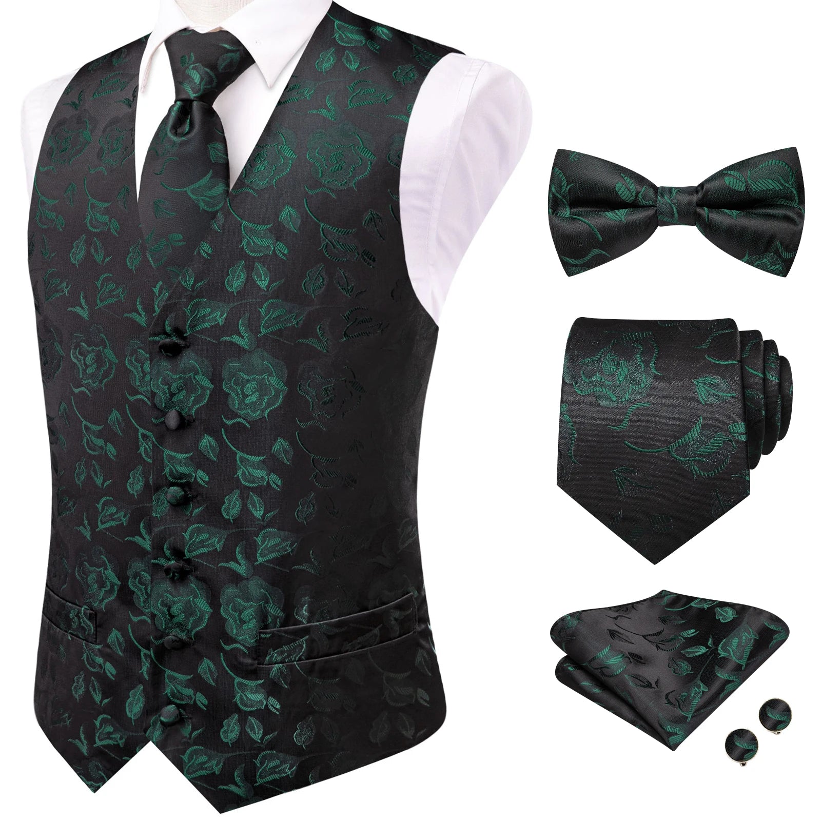 Blue Green V-Neck Paisley Waistcoat 5Pcs Set Vest Tie Bowtie Hanky Cufflinks Formal Suit Qme HT-MJTZ0248 XL