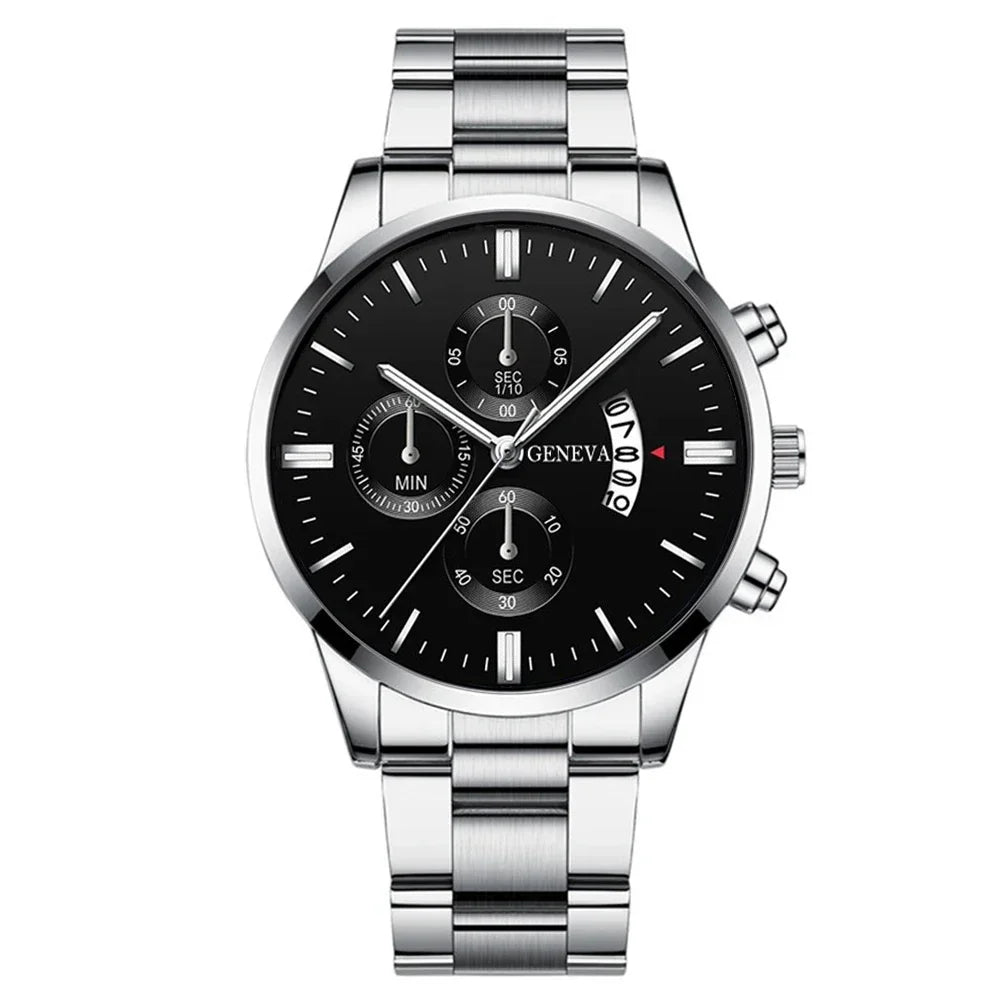 Classic Silver Tone Male Accessory Kit, Analog Chronograph Steel Band Watch with Thick Cuban Link Bracelet Cross Pendant Necklac Qme