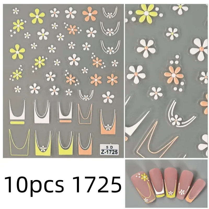 5D Flower Daisy Embossed Stickers Nail Sliders Decals White Florals