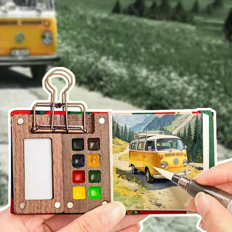 Mini Walnut Wood Watercolor Palette Portable Paint Box Clip Travel Qme