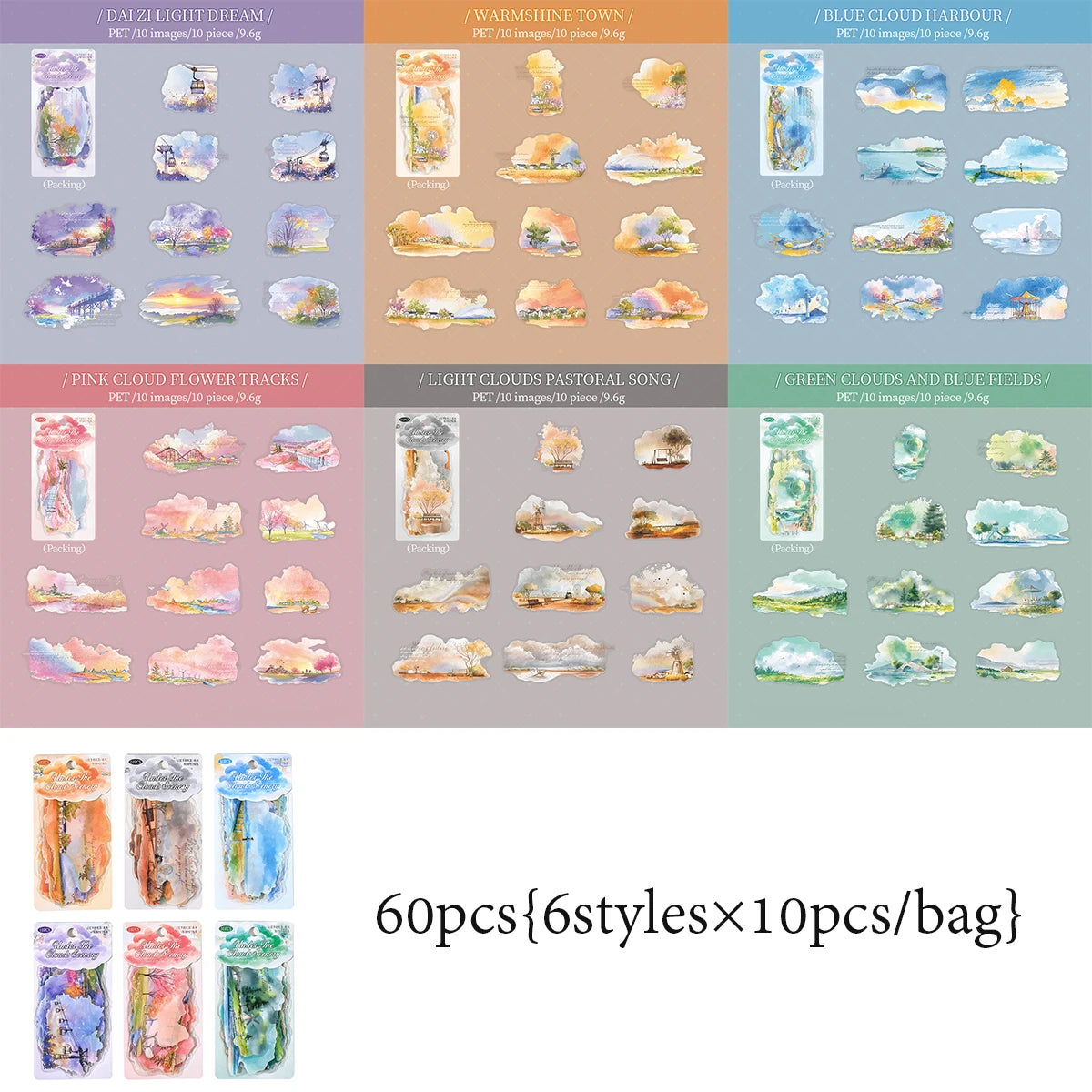 6 Designs Scenery Under Clouds Theme PET Stickers for Scrapbooking DIY Frame Collage Decoration laptop Phone Qme A