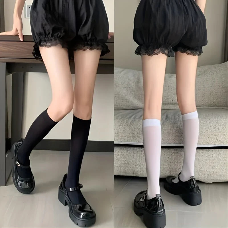 Women's Calf Socks - Black White Thin JK Style Knee High Socks, Slimming & Shaping, Non-slip,Breathable For Daily Wear Qme
