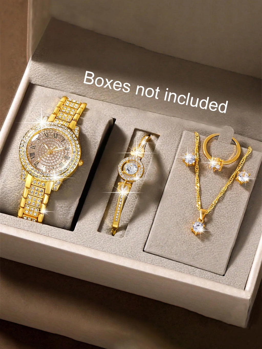 6-Piece Set Women's Student Quartz Watch Fashion Casual Steel Band Diamond Watch Set Qme Gold No
