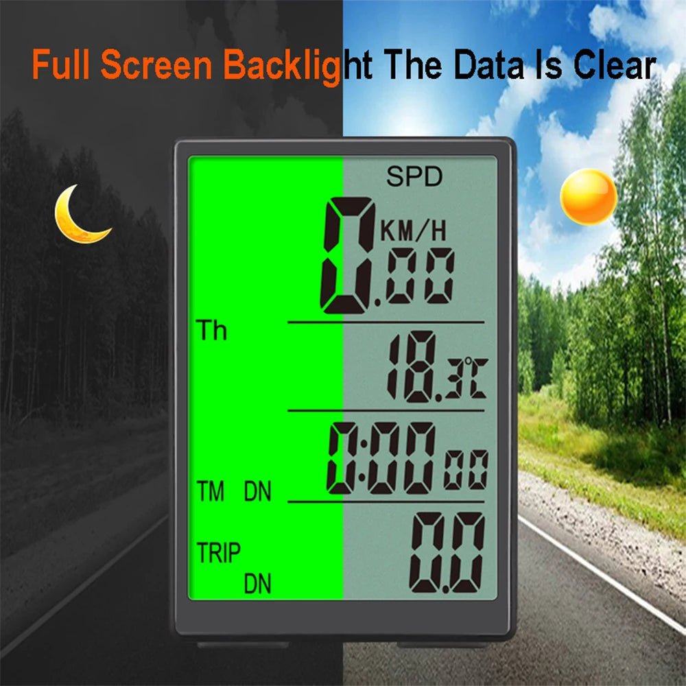 Bicycle Computer Wireless Bike Computer 3-inch Large LCD Screen Waterproof Speedometer with Green LCD Backlight Qme