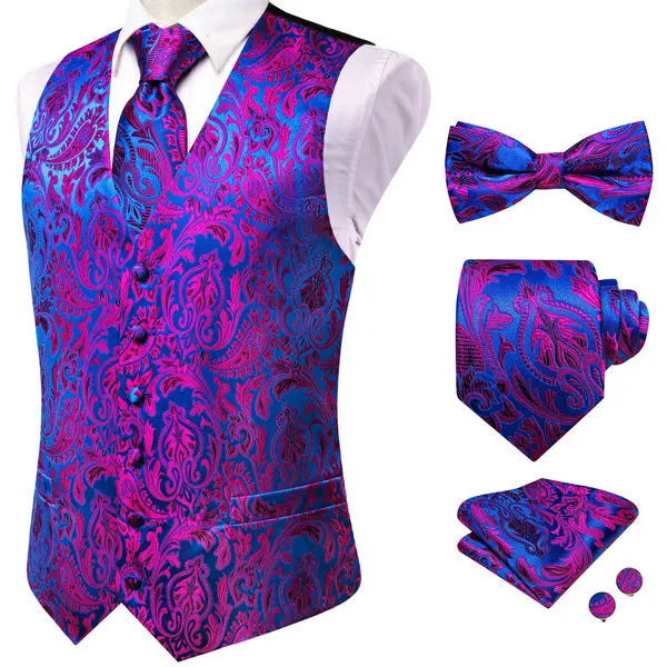 Classic Purple Printed V-Neck Waistcoat 5 In 1 Men Formal Dress Matching Accessories Qme HT-MJTZ0129 XXXL