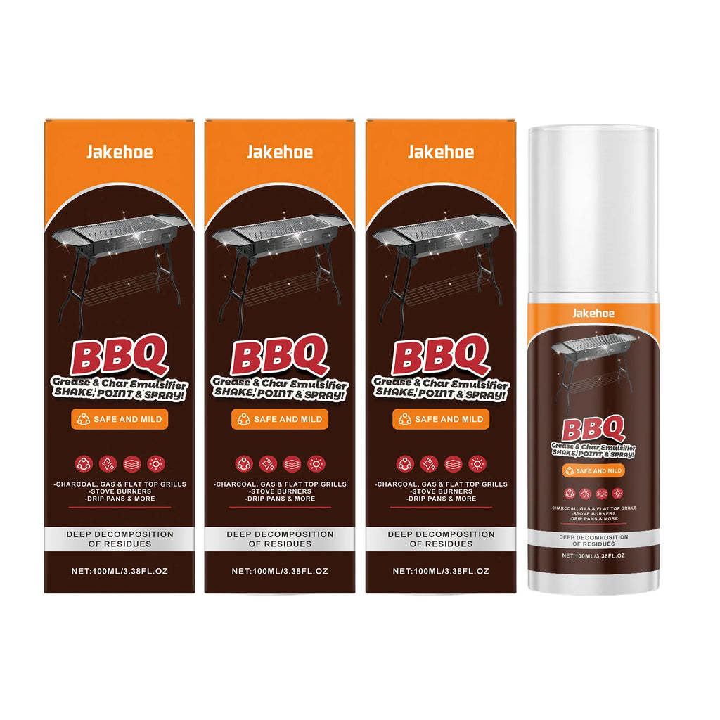 JAKEHOE BBQ Grill Cleaner Spray Dissolve Oil Stains Remove Burnt-On Food Fast-Acting BBQ Cleaning Solution Heavy-Duty Degreaser Qme 3 x 100ml Boxed