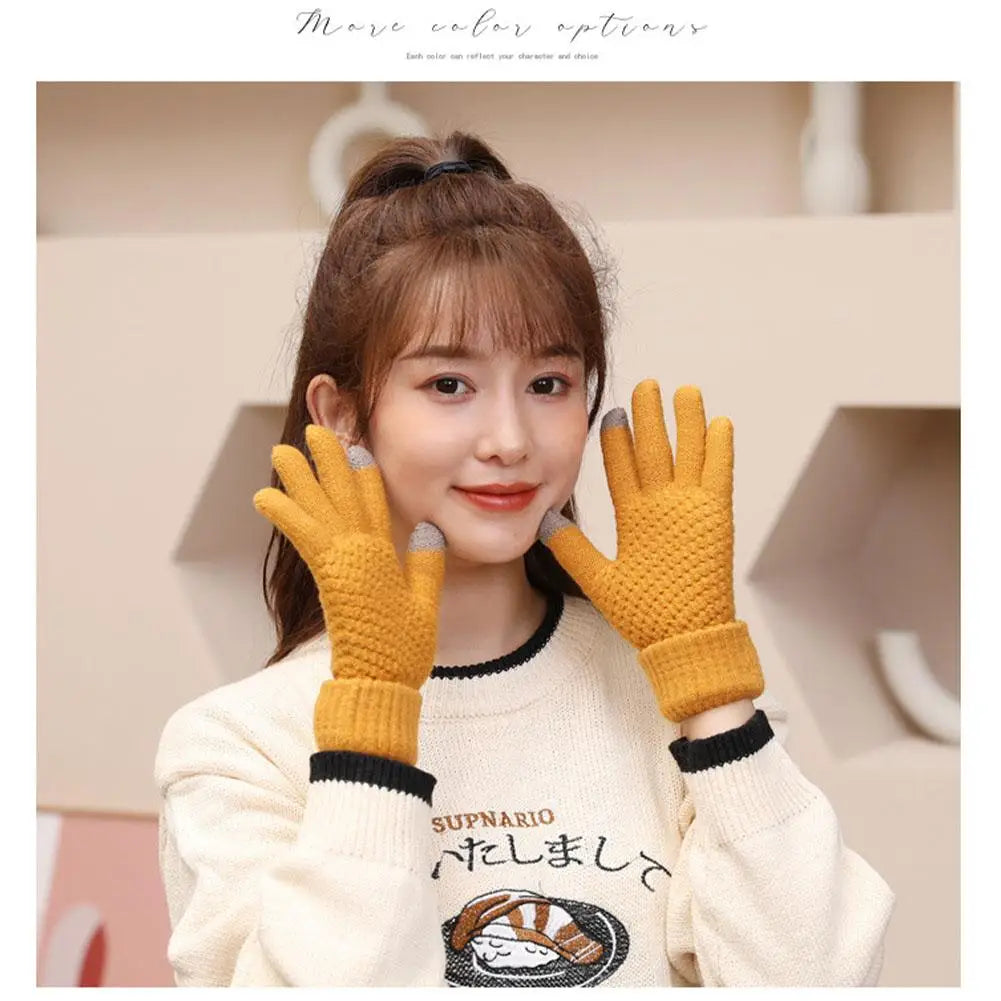 1Pair Women Gloves Knitted Solid Autumn Winter Hand Warmer Thicken Lining Skiing Short Wrist Female Full Fingered Mittens Qme