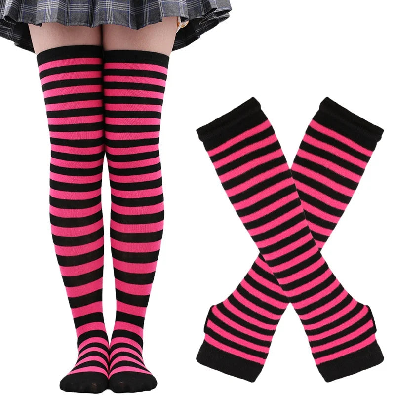 Women Girls Over Knee Long Stripe Thigh Cotton Gothic Lolita Socks Qme black rose red One Size