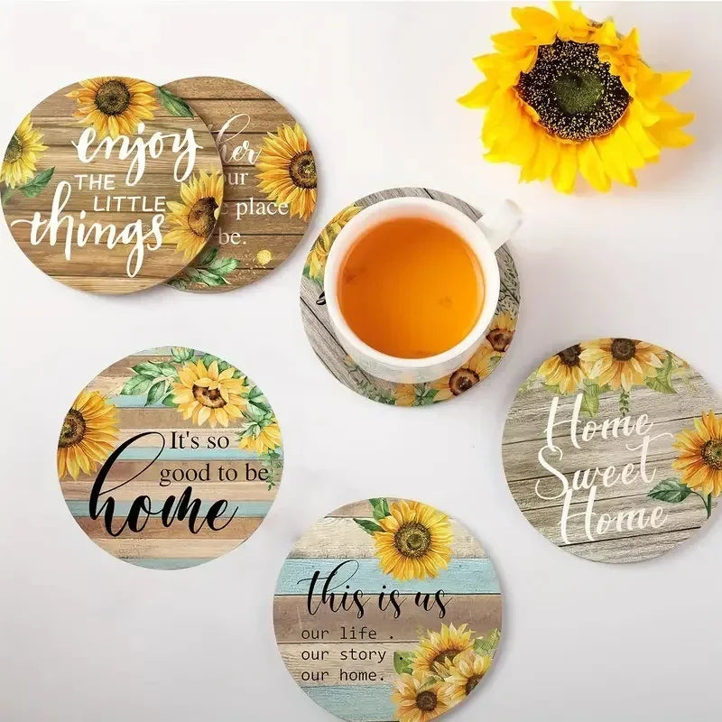 Vintage Sunflower Drink Coasters Holder Absorbent Wood Coaster Qme