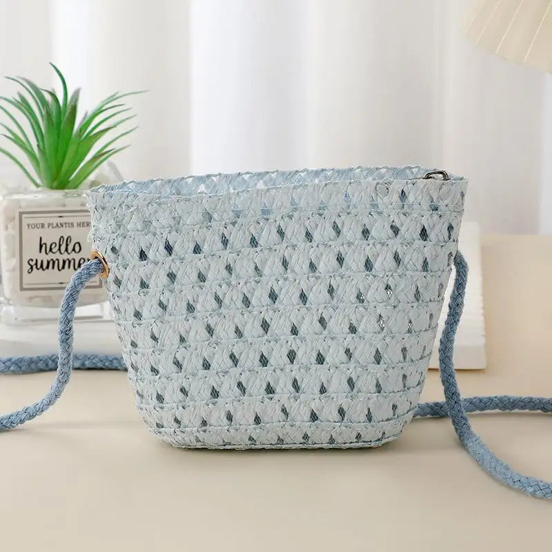 Hollow Handwoven Shoulder Handbag Mini Straw Bag Crossbody Bag Kid Summer Beach Straw Bag Envelope Wallet For Wowen Girls Qme Blue