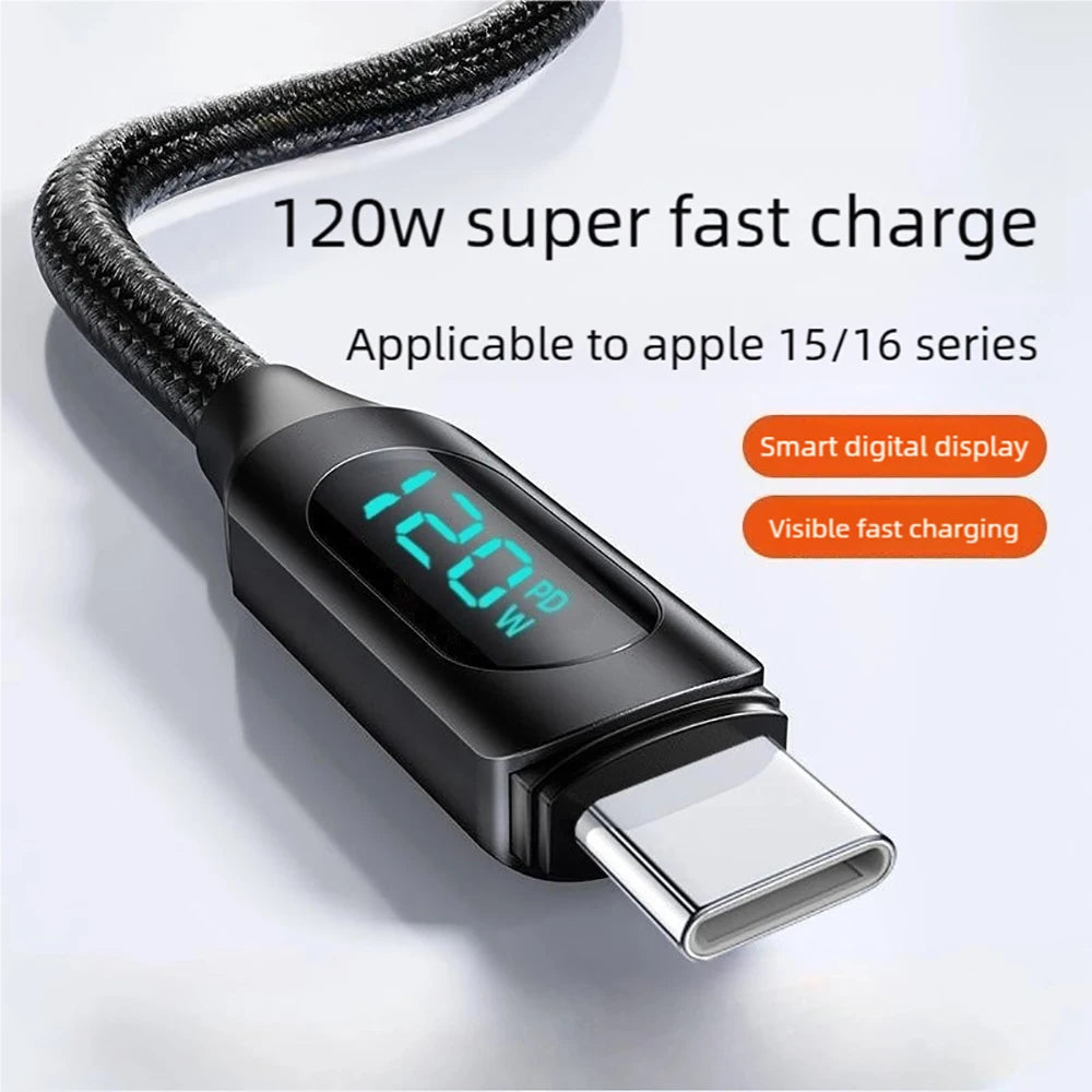 PD 120W Fast Charging Data Cable LED Digital Display USB C Nylon Braided Mobile Phone Charger Cord For iPhone 17 Samsung Xiaomi Qme