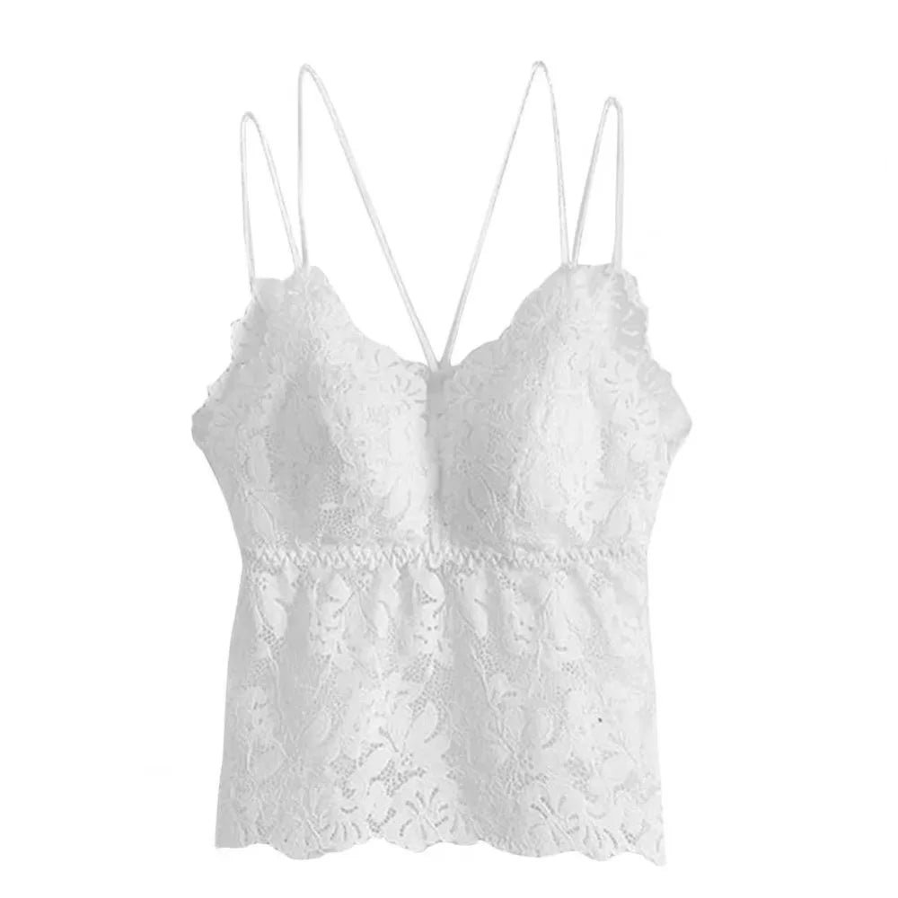 Breathable V-neck Lace Sheer Camisole Mesh Flower Beauty Back Sweet Crop Top Sleeveless Thin Lace Sling Vest Underwear Qme White-Normal One Size