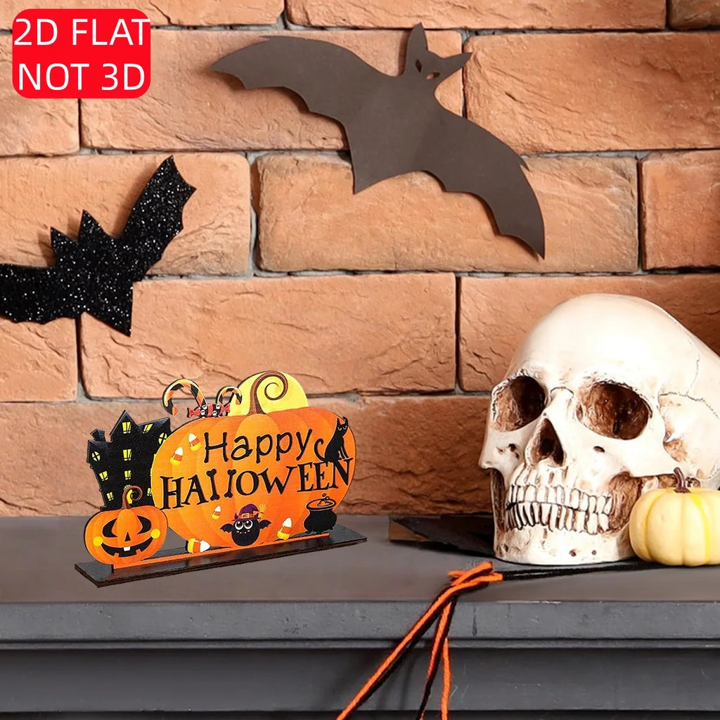 Halloween 2D Wooden Desktop Sign - "Happy Halloween" Pumpkin Ghost House Corn Candy Bat Decoration, Halloween Decoration Qme