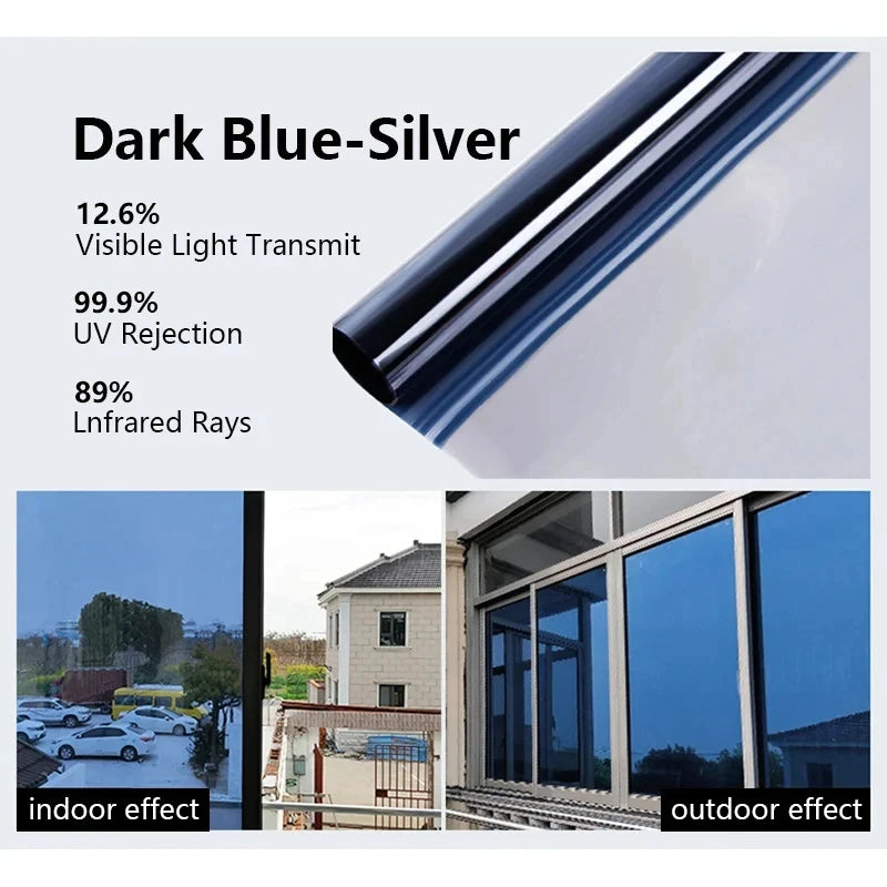 House Window Anti Look Privacy Film Vinyl Mirror Foil Non Adhesive Tint Car Glass Screen Stickers Rolls Heat UV Protection Tools Qme Nano Blue Silver 90cmx500cm